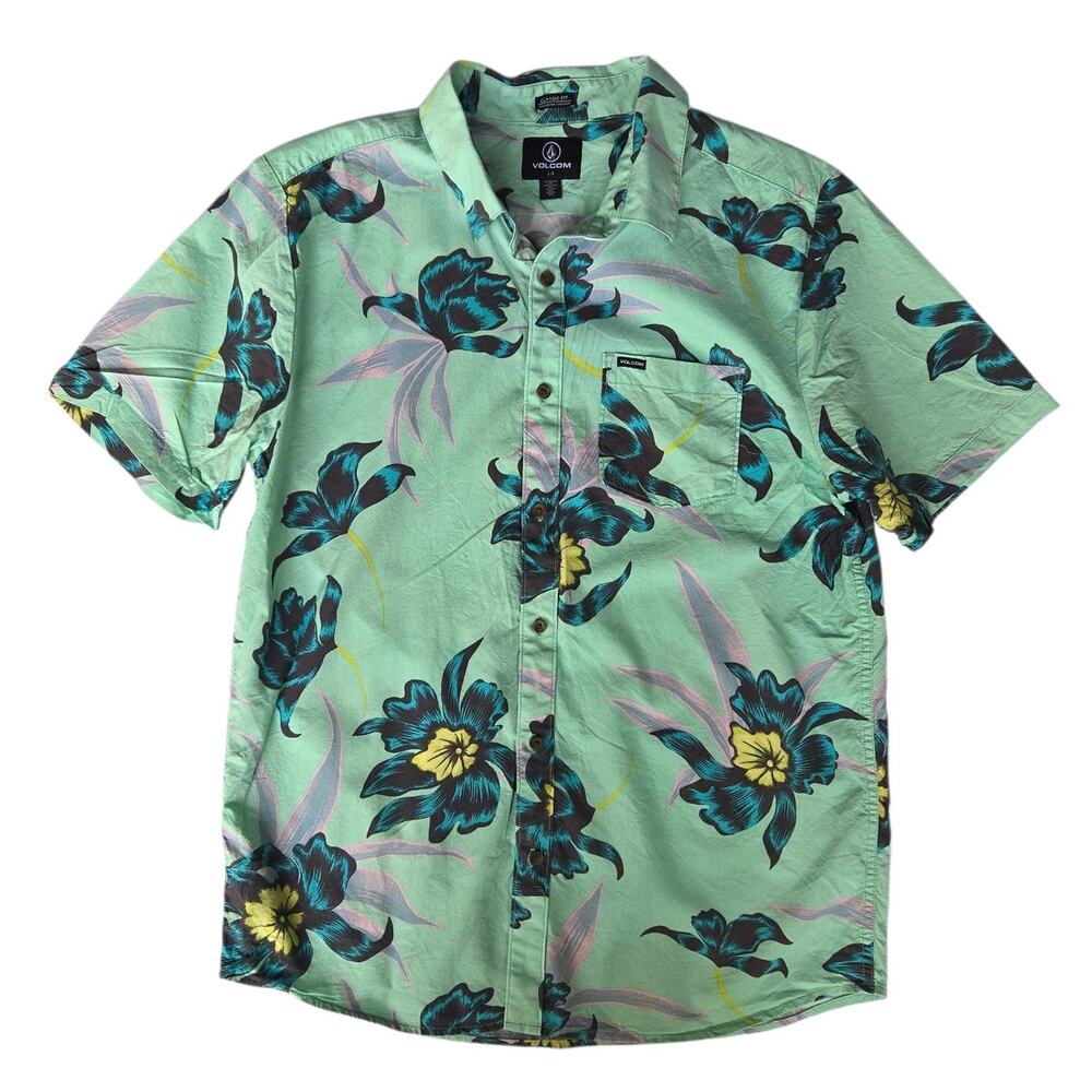 Volcom | Turquoise, Tropical Button Up, Short Sleeve Shirt | Size Large